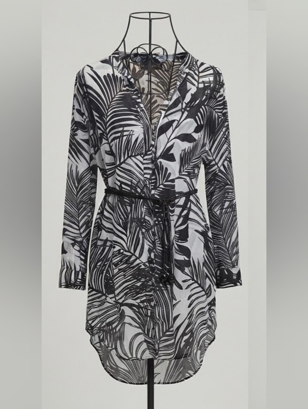 Black White Palm Leaf High Low Tunic Cotton Shirt XL